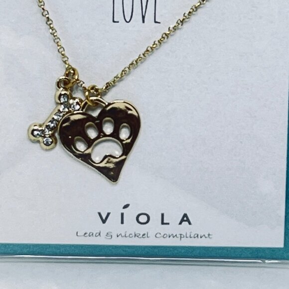 New Viola Gold Tone Cable Chain Necklace W/Dog Bone And Heart Pendants (5453) - Picture 2 of 4